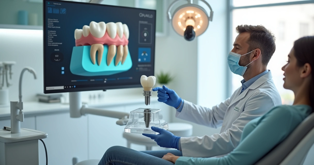 Dentista mostra implante dentário em 3D para paciente em consultório moderno 