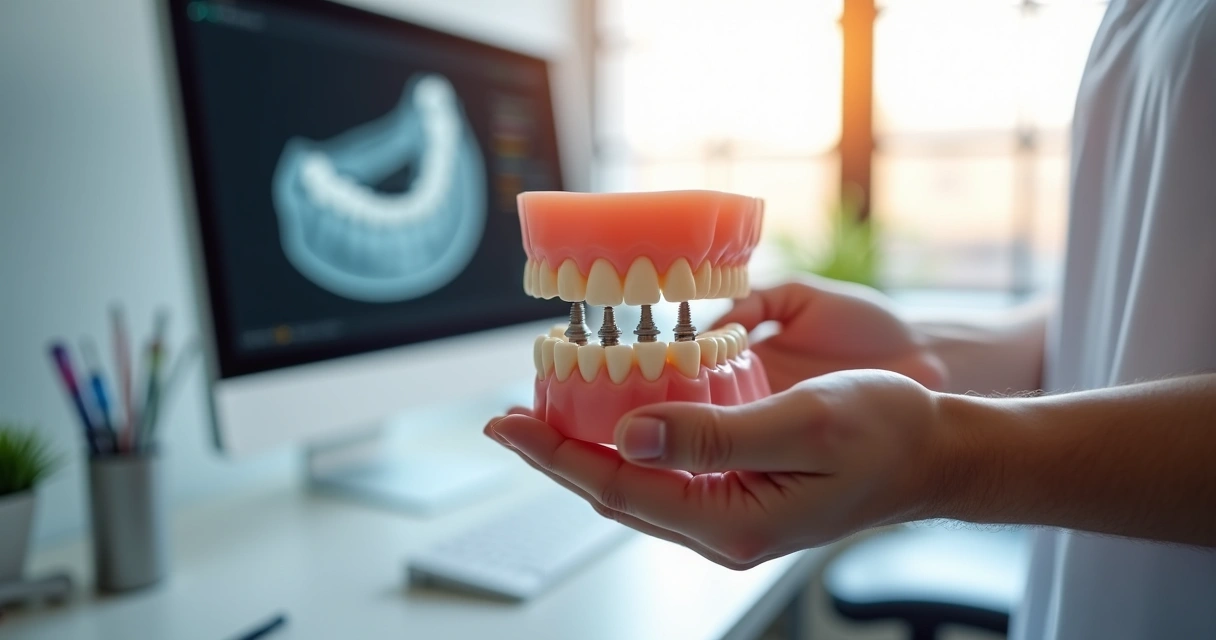 Dentista mostra modelo de maxila com implantes convencionais na região anterior