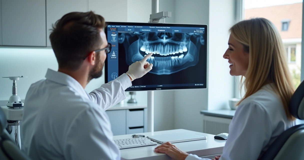 Dentista apresenta opções de implante dentário a paciente 