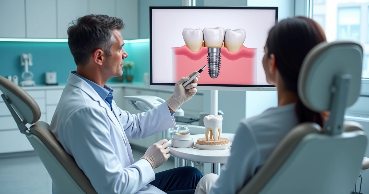 Dentista mostrando implante de dente em 3D para paciente em consultório moderno 