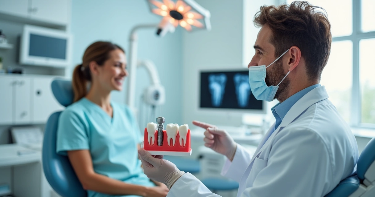 Dentista mostrando implante imediato para paciente em consultório moderno 