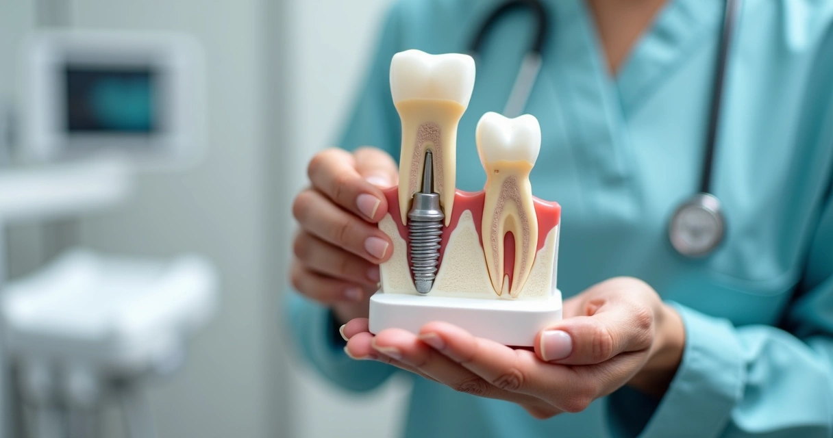 Dentista mostrando implante dentário com modelo da mandíbula 