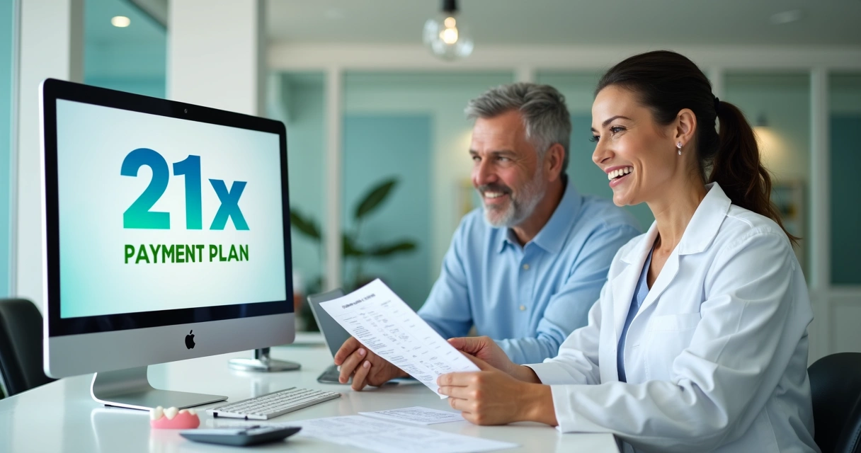 Dentista mostrando opções de parcelamento para implante dentário a paciente sorridente 