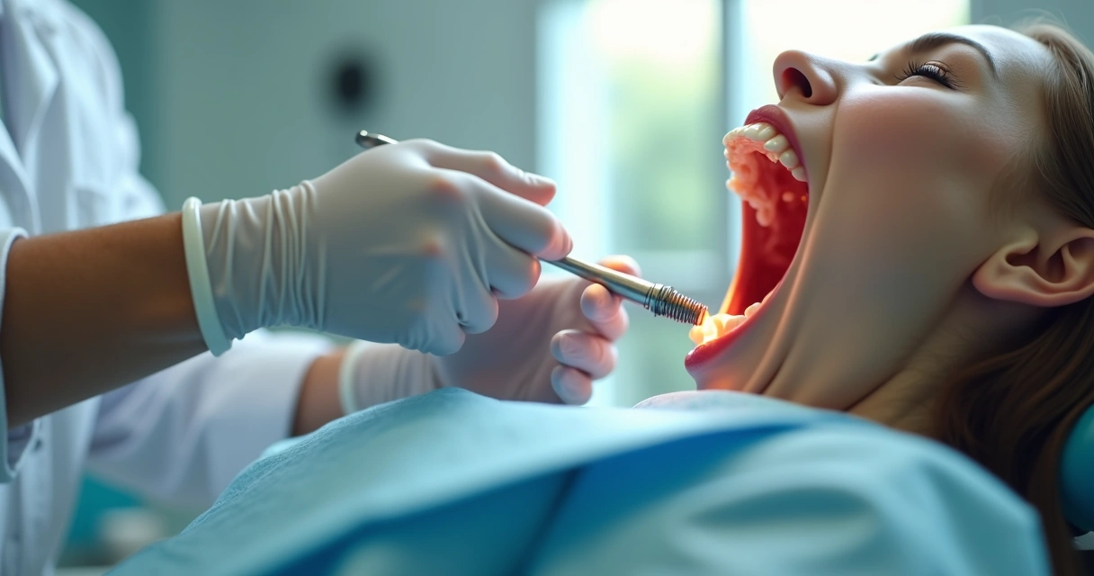 Dentista instala implante dentário em paciente em consultório moderno