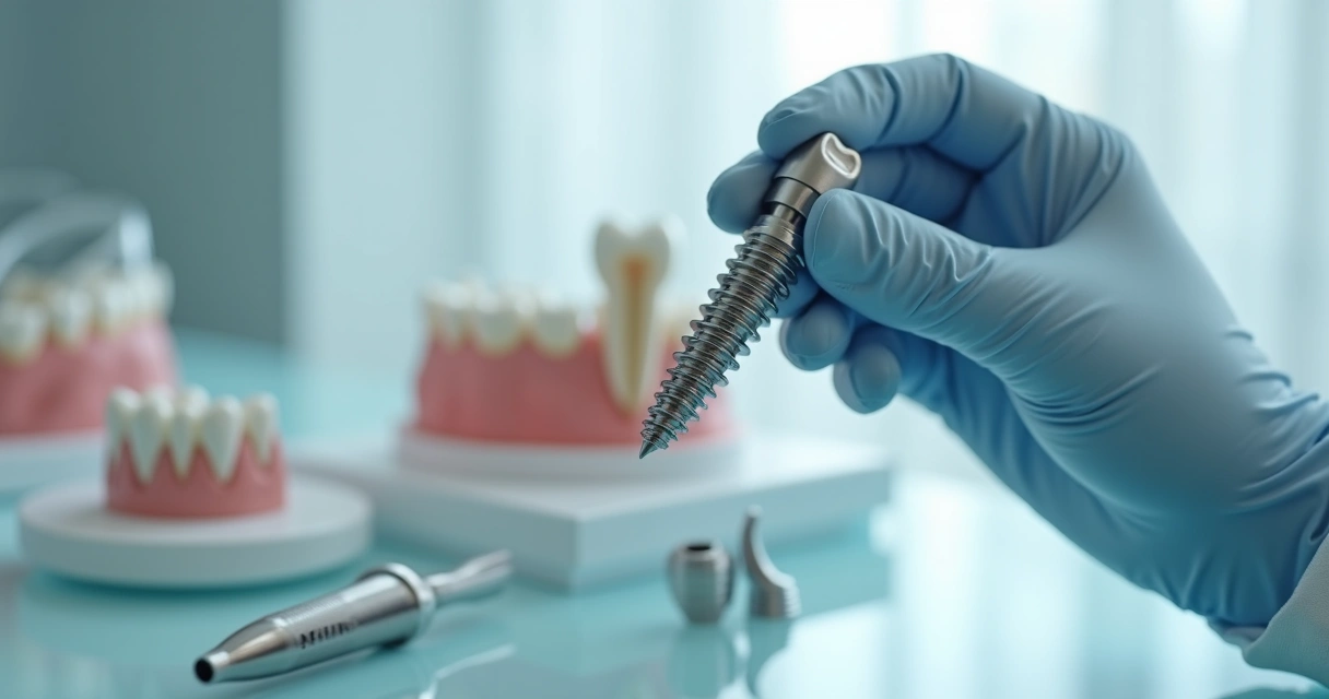 Close-up de mão de dentista segurando implante dentário metálico com modelos de mandíbula e próteses ao fundo 