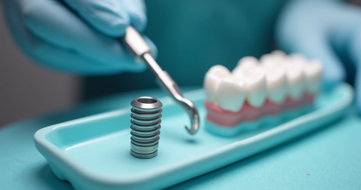 Peça de implante dentário de titânio sobre mesa, com modelos de arcada ao fundo 