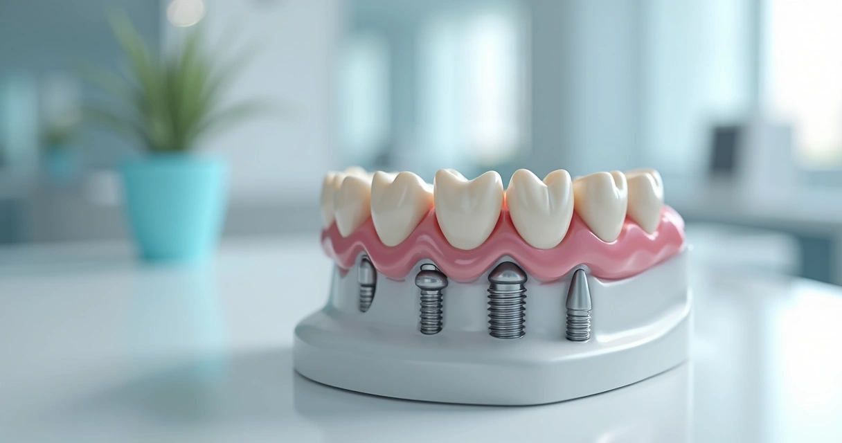 Implante dentário protocolo instalado em arcada dentária com fundo clínico moderno e iluminação clara 