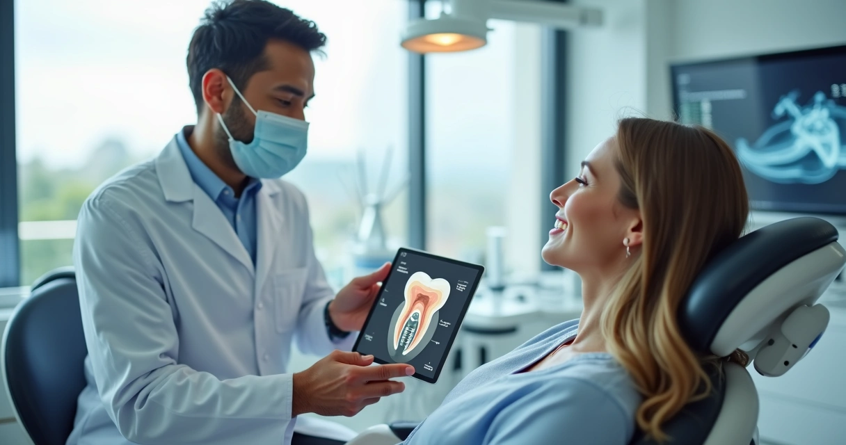 Dentista mostra em tablet o implante dentário sem corte para paciente sorrindo na cadeira odontológica 