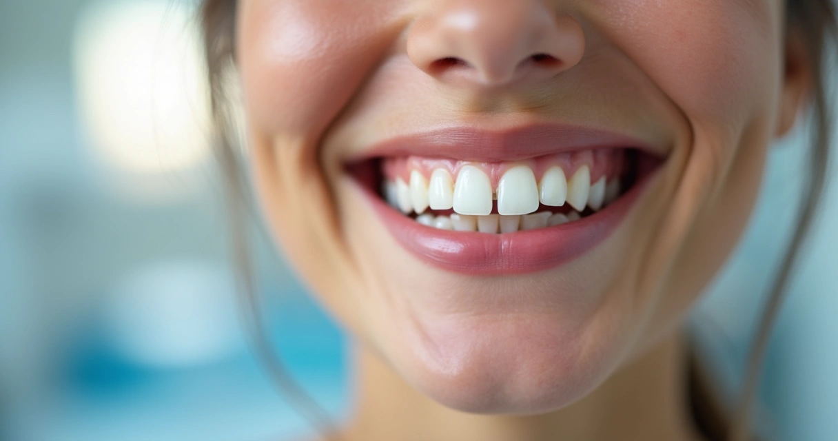 Paciente sorrindo mostrando dentes com implante dentário 