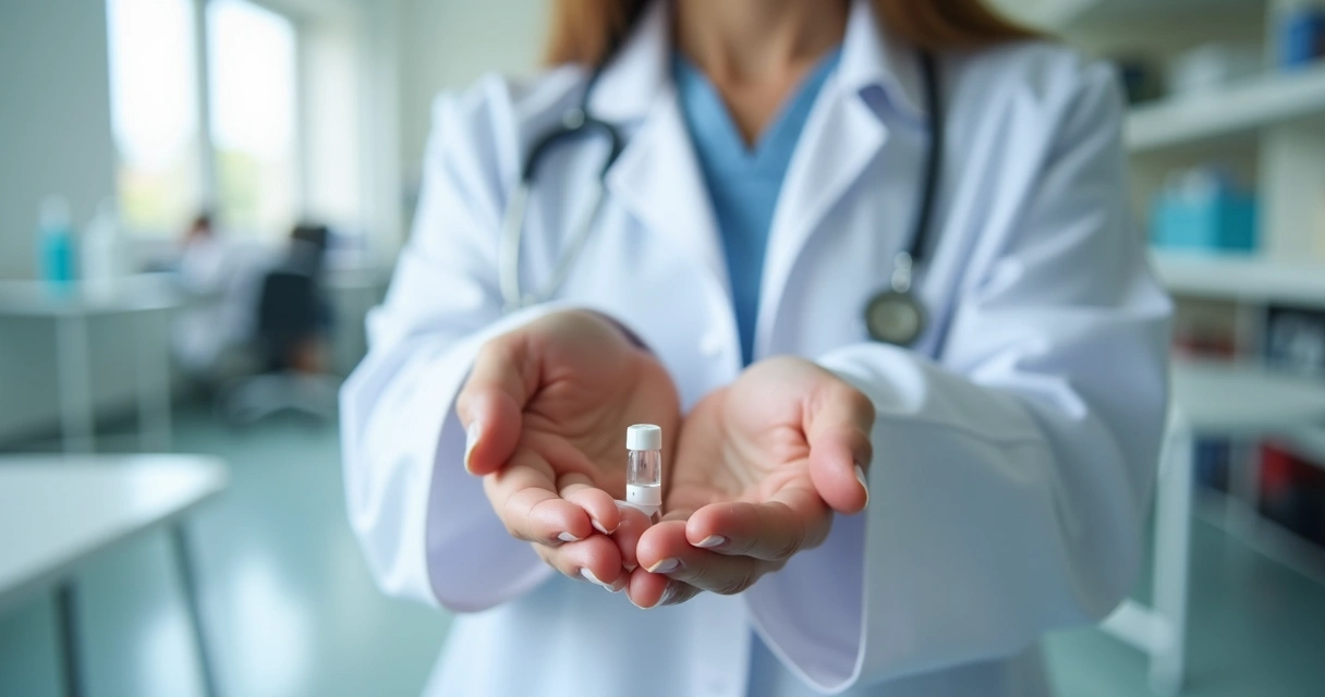 Médica mostrando cilindro de implante hormonal feminino na mão 