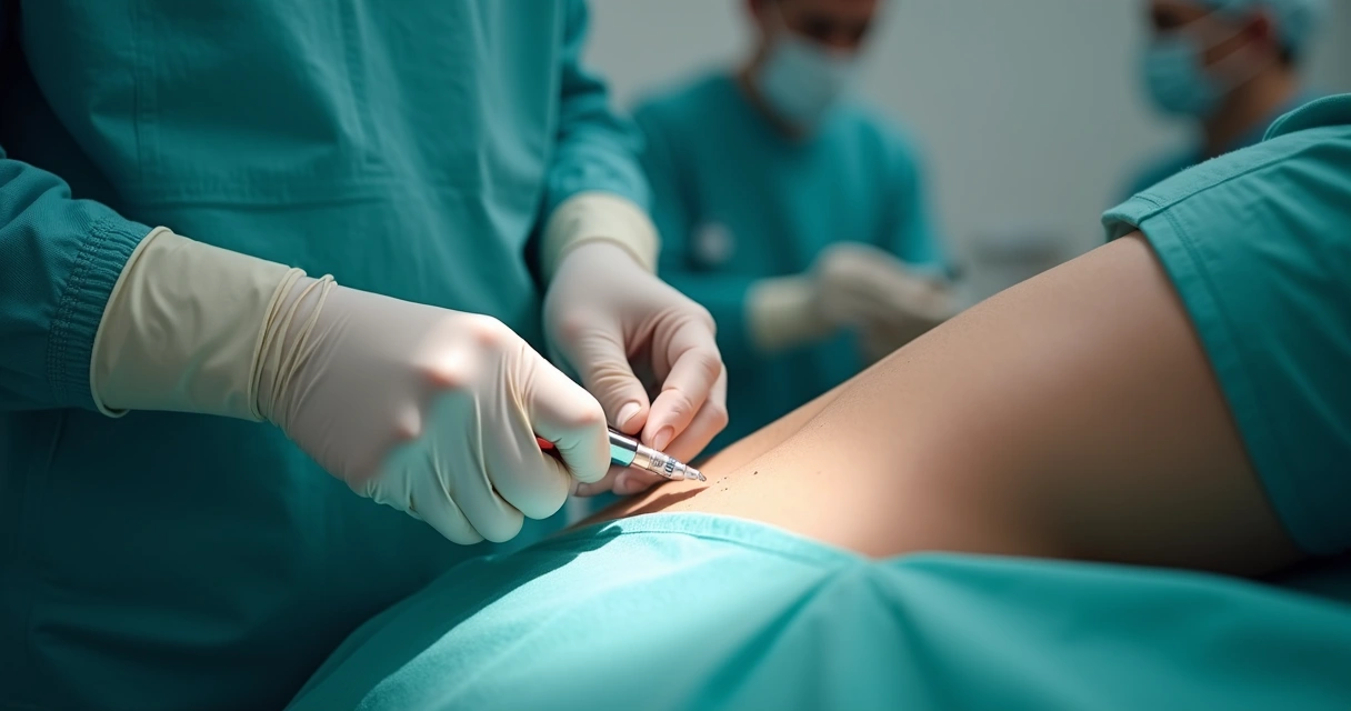 Profissional colocando implante hormonal de testosterona em paciente masculino