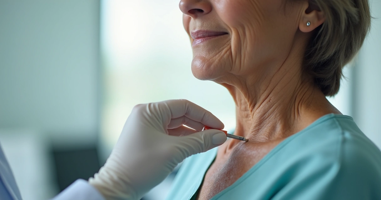 Implante hormonal sendo aplicado sob a pele de uma mulher madura