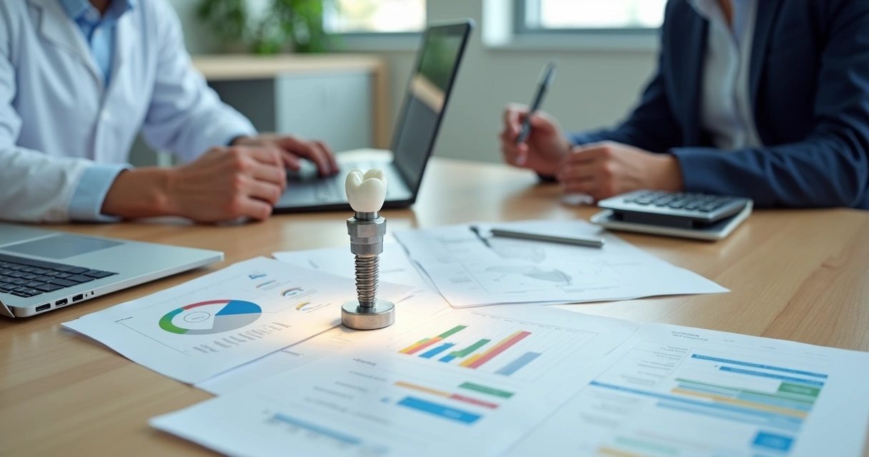 Equipe odontológica avalia preço de implante dentário com gráficos financeiros na mesa 