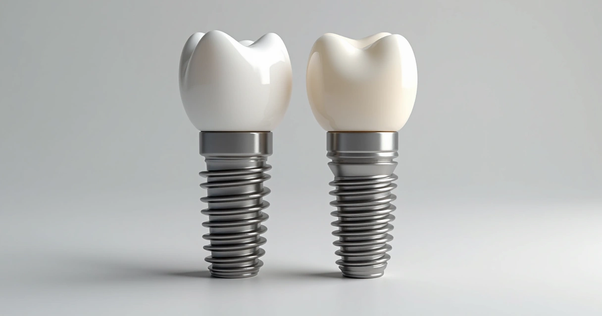Comparação visual entre implantes de titânio e de zircônia lado a lado.