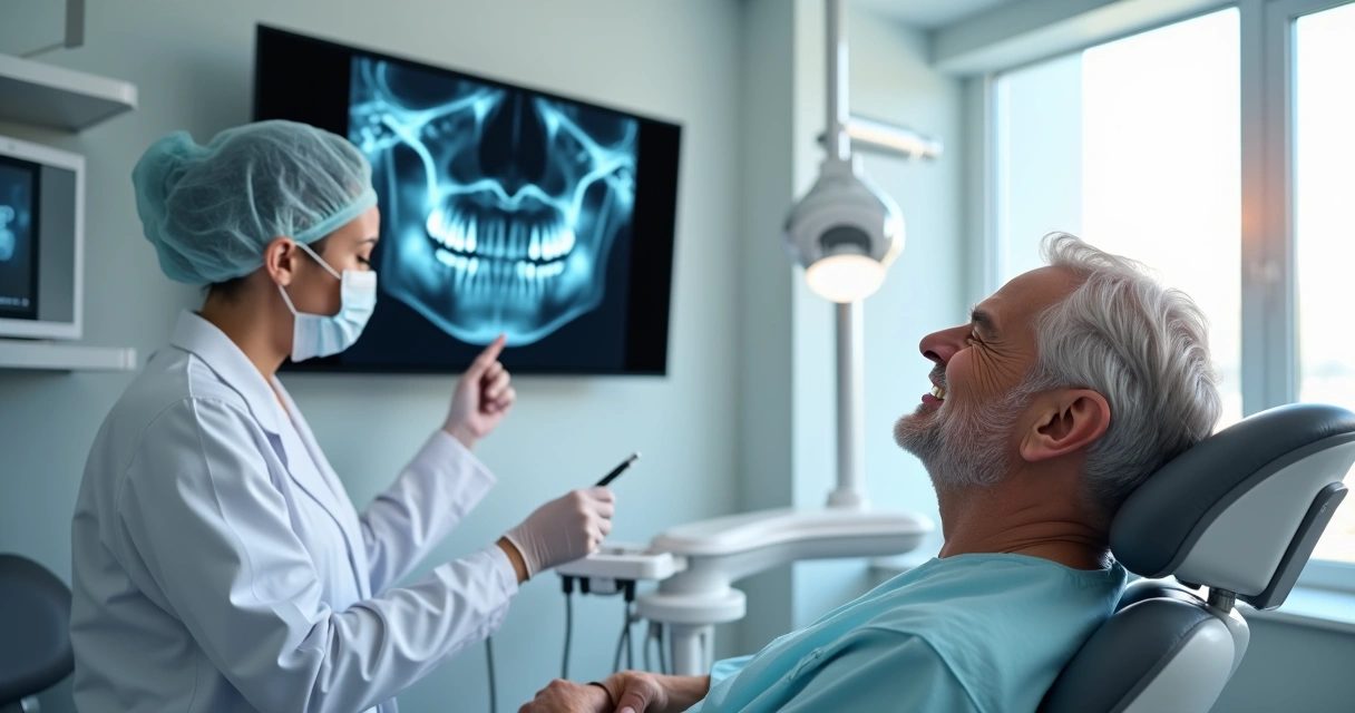 Dentista mostrando radiografia de implante zigomático para paciente sorridente 