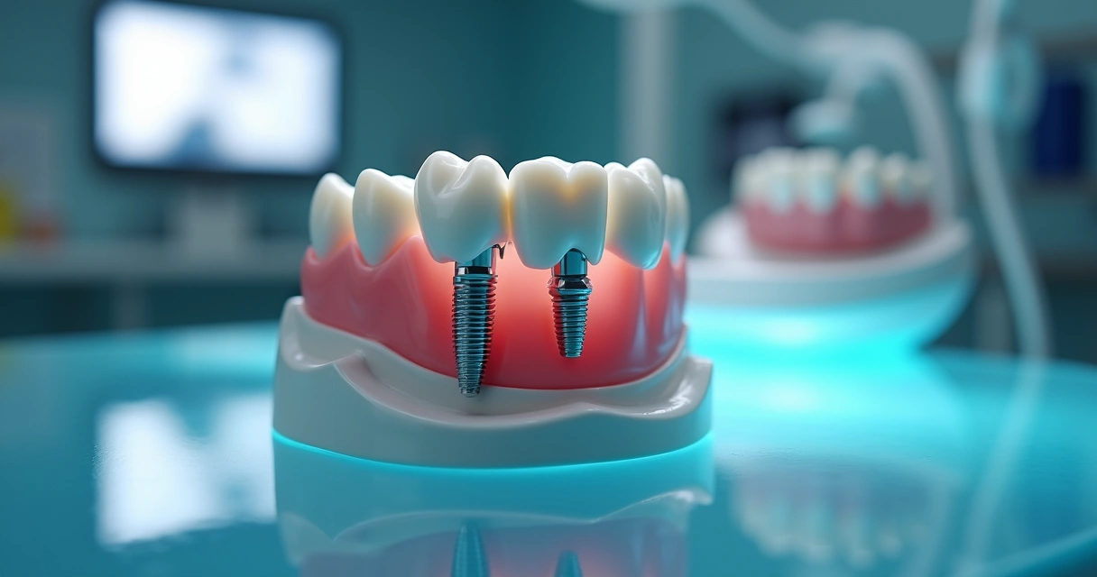 Modelo de mandíbula mostrando implantes dentários no consultório moderno 