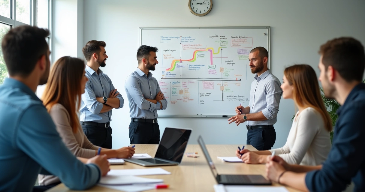 Reunião de equipe empresária aplicando plano desenhado em quadro branco 