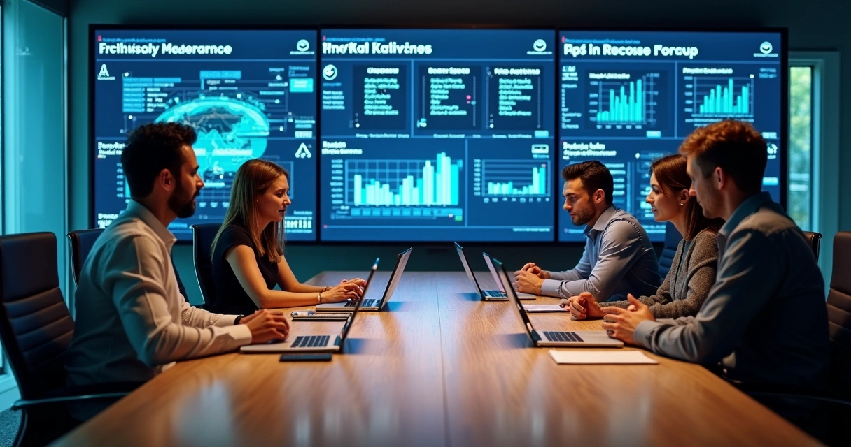 Equipe de contabilidade reunida analisando dados e gráficos de IA 