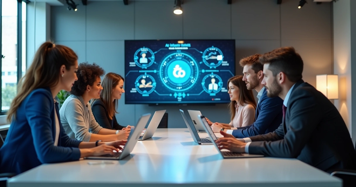 Equipe de empresa reunida implementando agente de IA no escritório 
