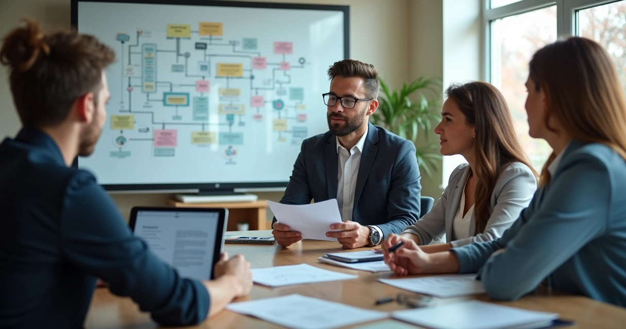 Equipe planejando implementação de IA em sala de reuniões 