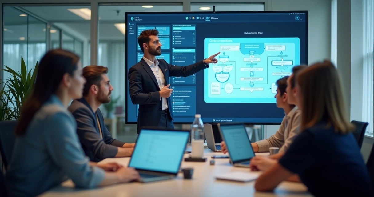 Equipe comercial treinando uso de agente IA em computadores. 