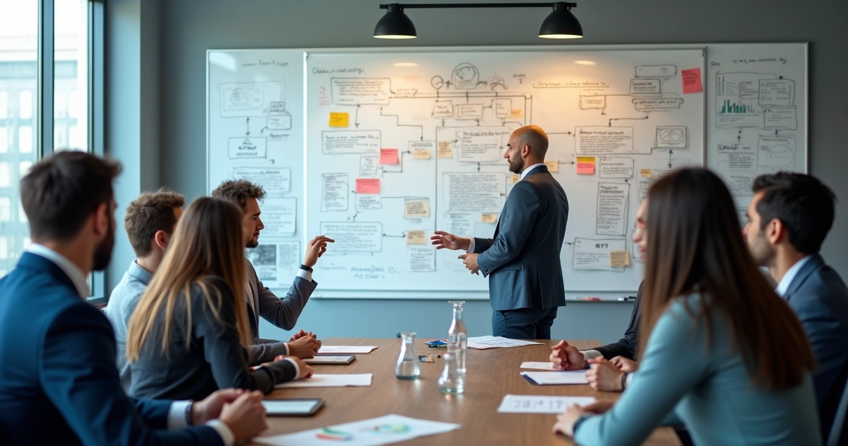 Equipe planejando implementação de agente de IA em quadro branco 
