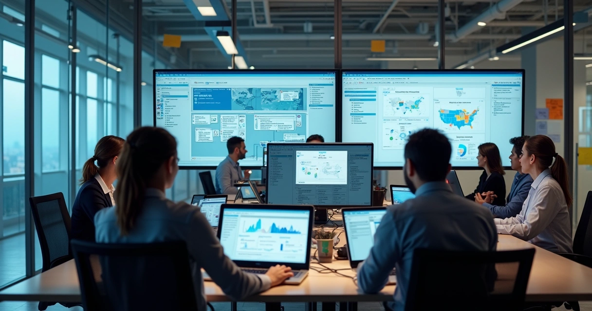 Equipe de TI implementando agentes inteligentes em computadores modernos 