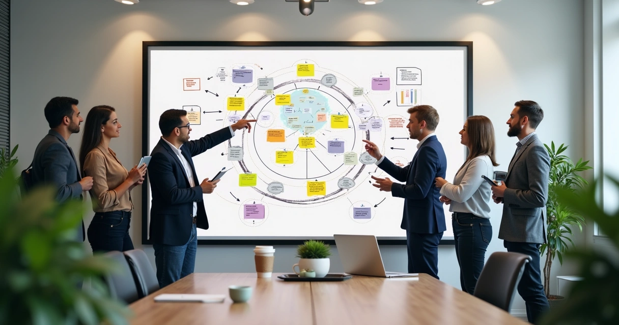 Quadro branco com fluxos de automação desenhados ao redor de pessoas trabalhando