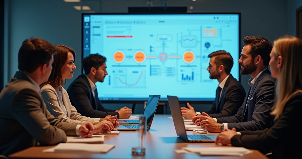 Equipe reunida em sala de reunião debatendo estratégia de implementação de BaaS 