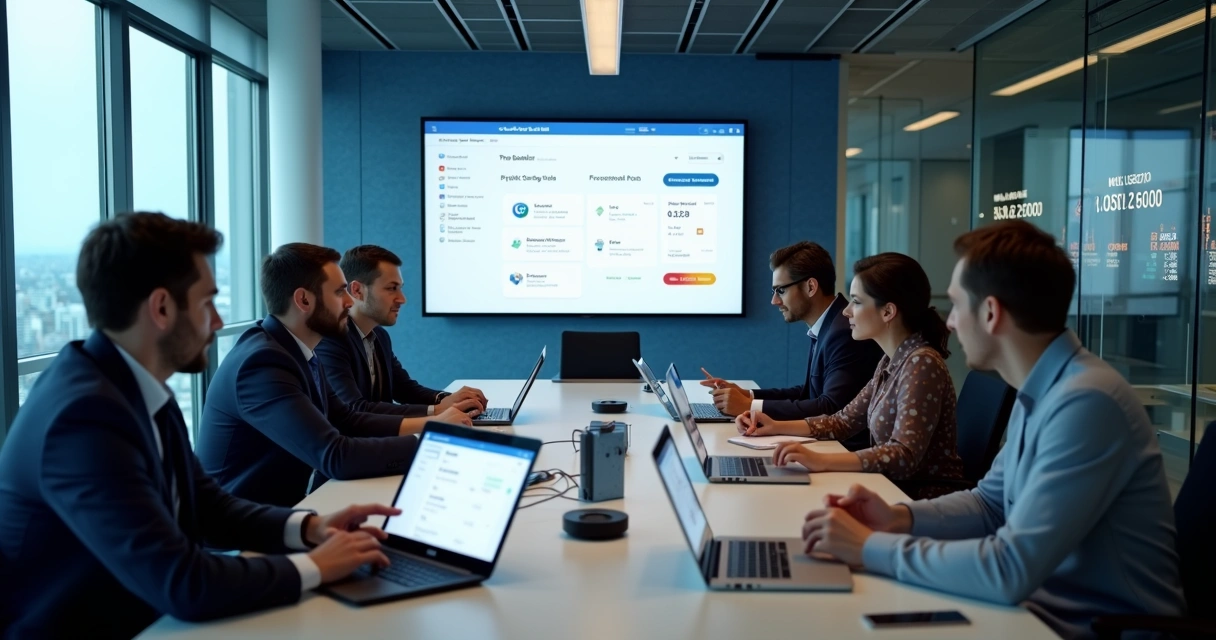 Equipe empresária configurando sistema bancário digital 