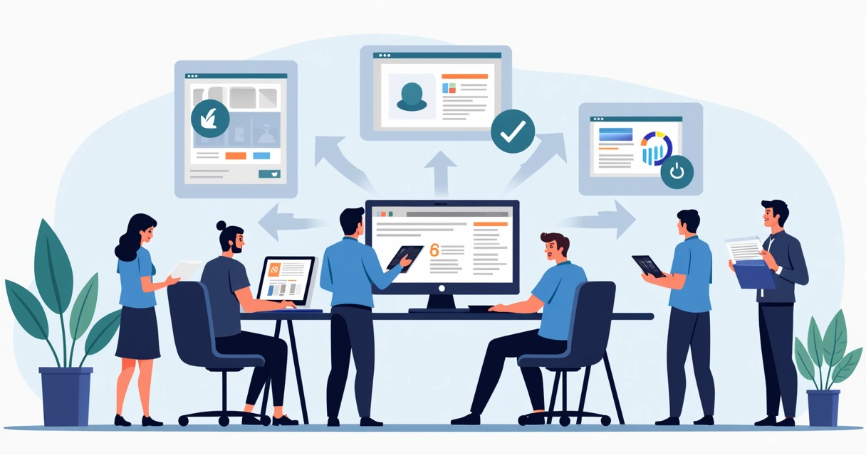 Equipe cadastrando produtos e revisando catálogo digital 