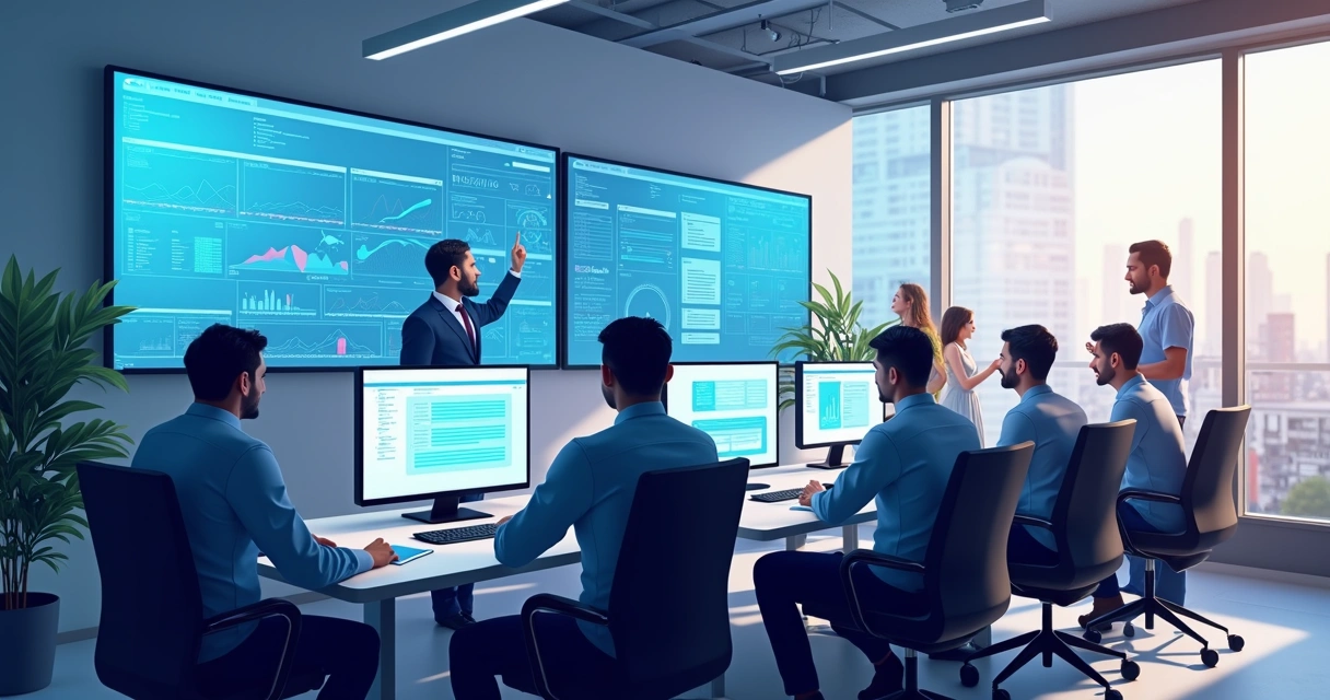 Equipe configurando chatbot em computadores com gráficos e fluxogramas na tela 