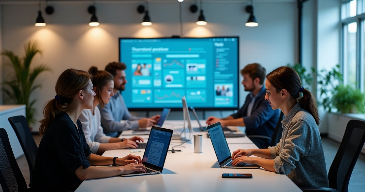 Equipe de empresa configurando chatbot em ambiente de trabalho moderno 