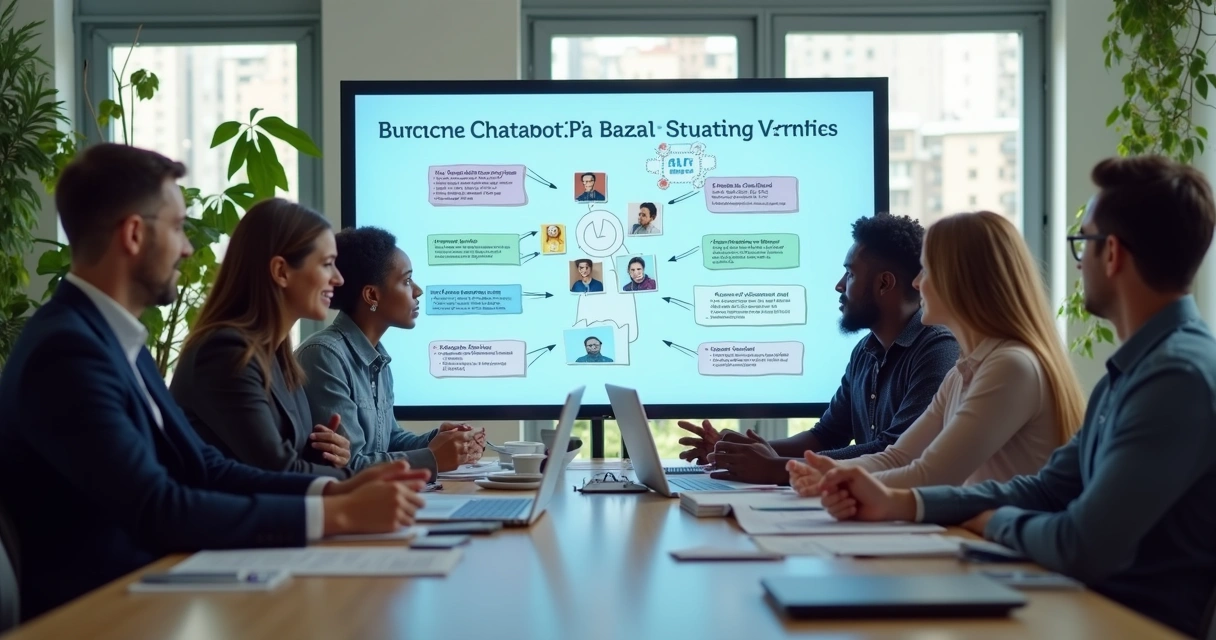 Reunião estratégica para implementar chatbot em uma empresa brasileira.
