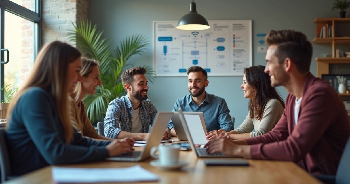 Pequena equipe de provedor configurando chatbot em notebooks em ambiente simples
