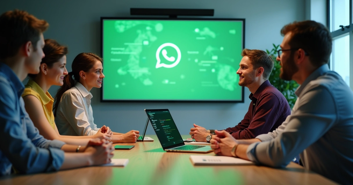 Equipe reunida instalando sistema de chatbot para WhatsApp em ambiente de trabalho