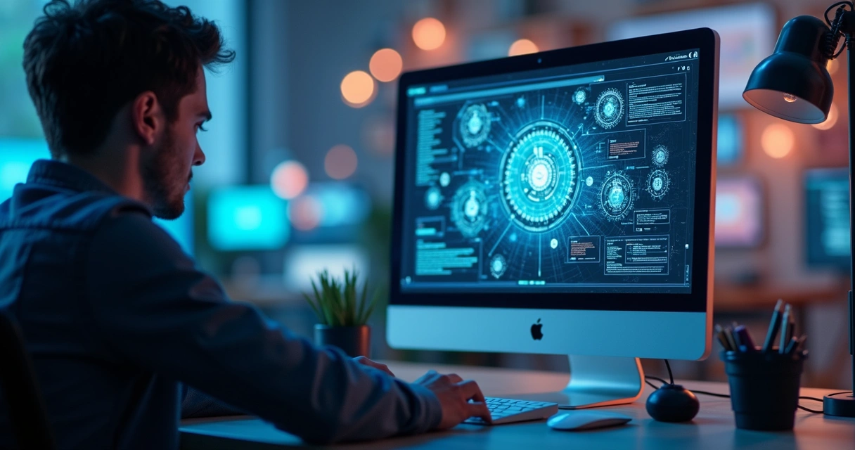 Equipe de profissionais implementando chatbots em computador com gráficos e ícones de automação no fundo 