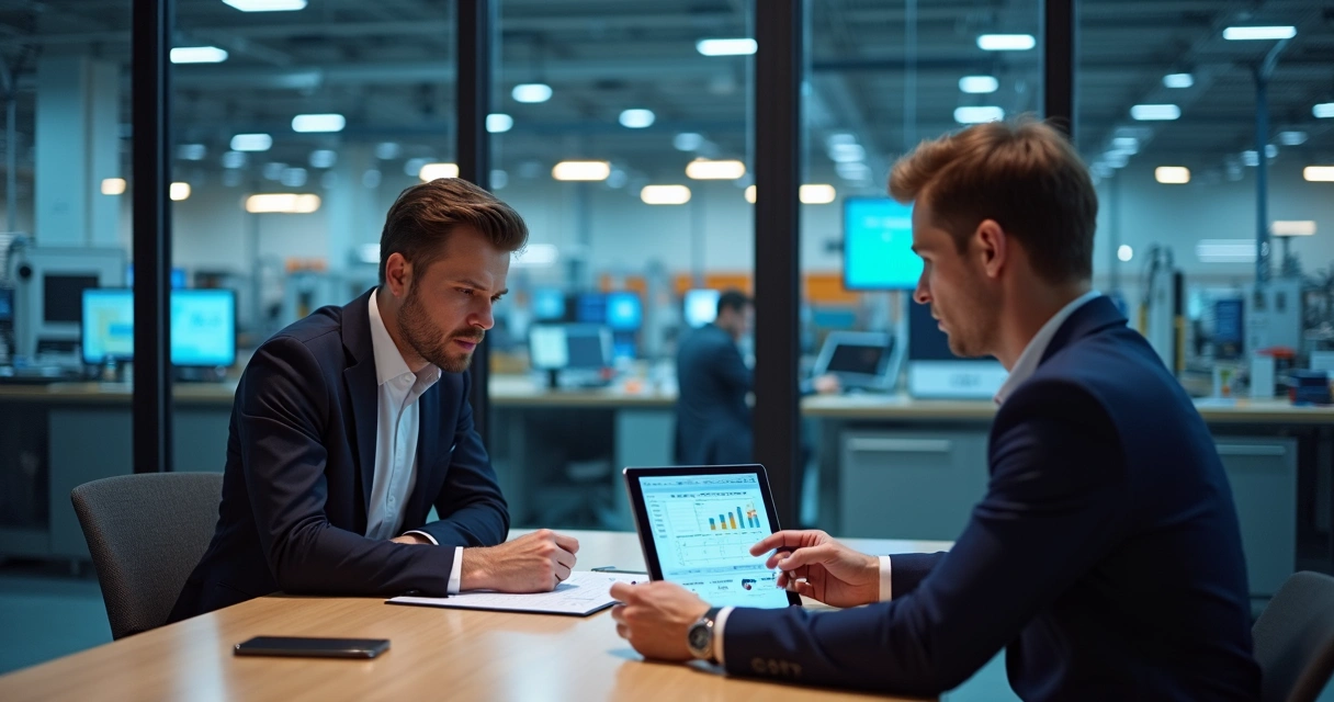 Consultor e gestor reunidos revisando plano de ação na indústria 