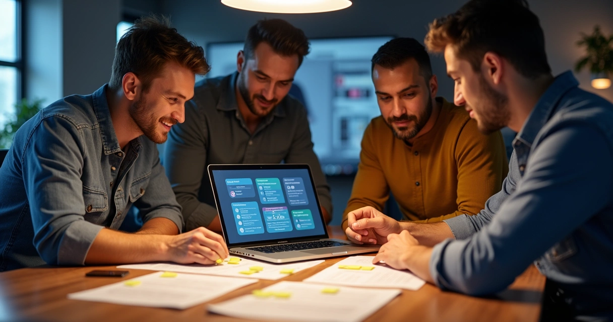 Equipe reunida ao redor de notebook mostrando processo de implementação do Copilot 
