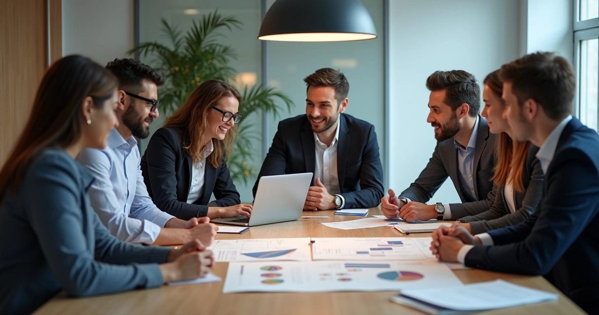 Equipe reunida com consultor apresentando telas do CRM no notebook