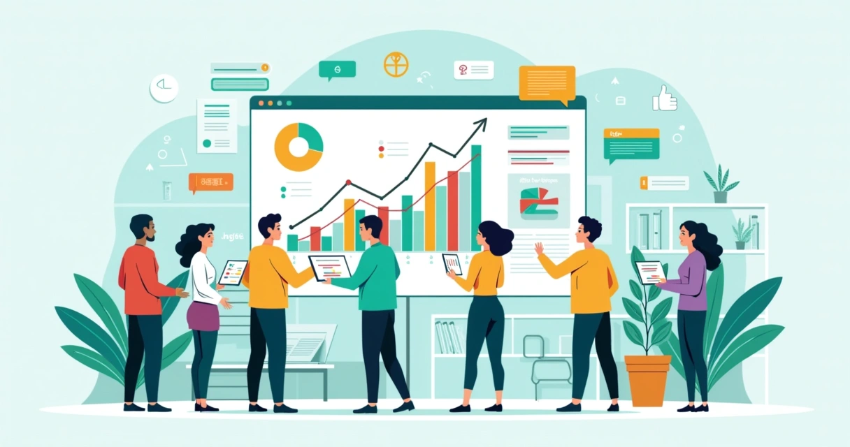 Grupo diverso interagindo com uma plataforma no-code em um ambiente de trabalho iluminado e criativo.