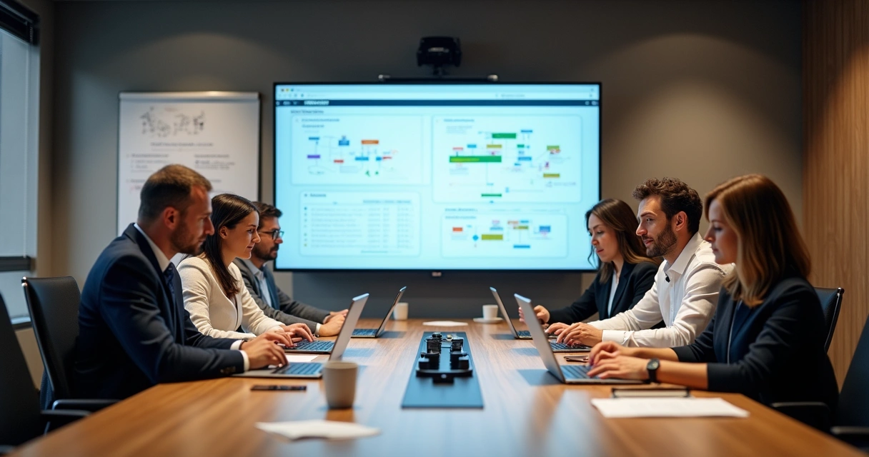 Equipe reunida em sala de reunião revisando fluxos e treinando implementação de sistema ERP em notebooks 