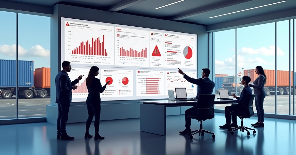 Equipe de logística analisando painel de ERP com alertas de erro na tela 