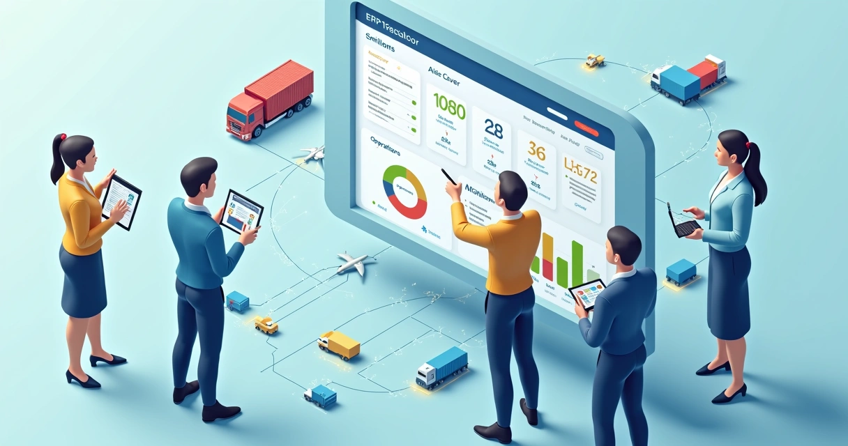 Equipe de logística analisando painel ERP em tela grande com cronograma acelerado 
