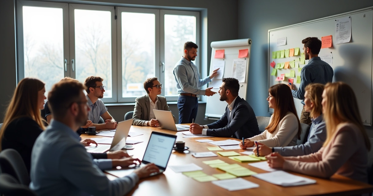Grupo em reunião aplicando feedback para melhorar processos 