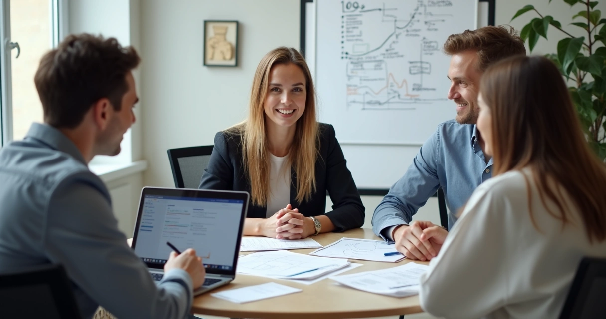 Reunião de equipe montando processo financeiro simples 
