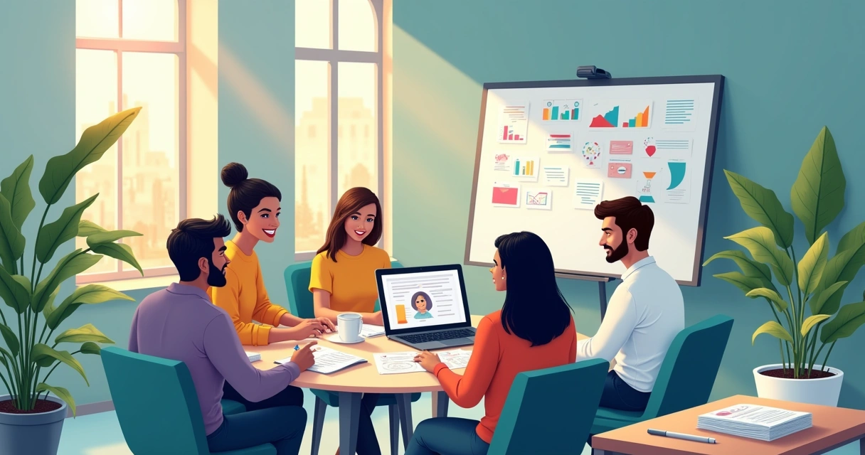 Ilustração de um escritório moderno com equipe diversificada em treinamento sobre ferramentas de comunicação.