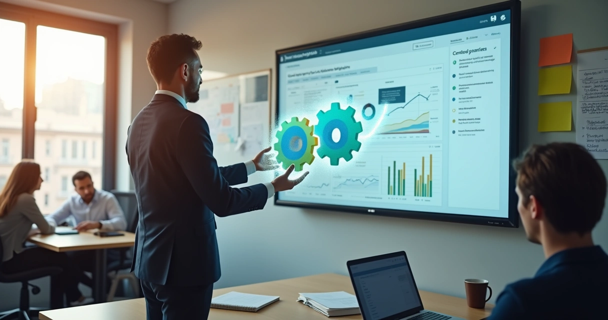 Gestor de RH conectando peças de engrenagens coloridas a painel digital de recrutamento 