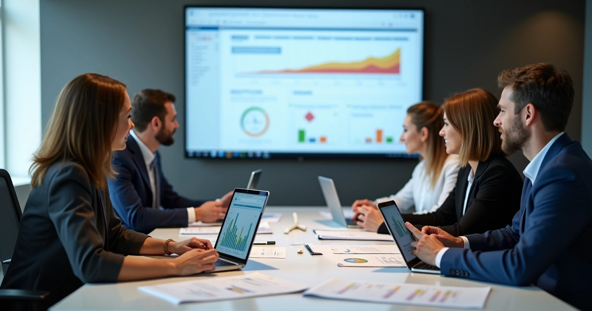Equipe reunida em sala planejando e implementando gestão financeira moderna 
