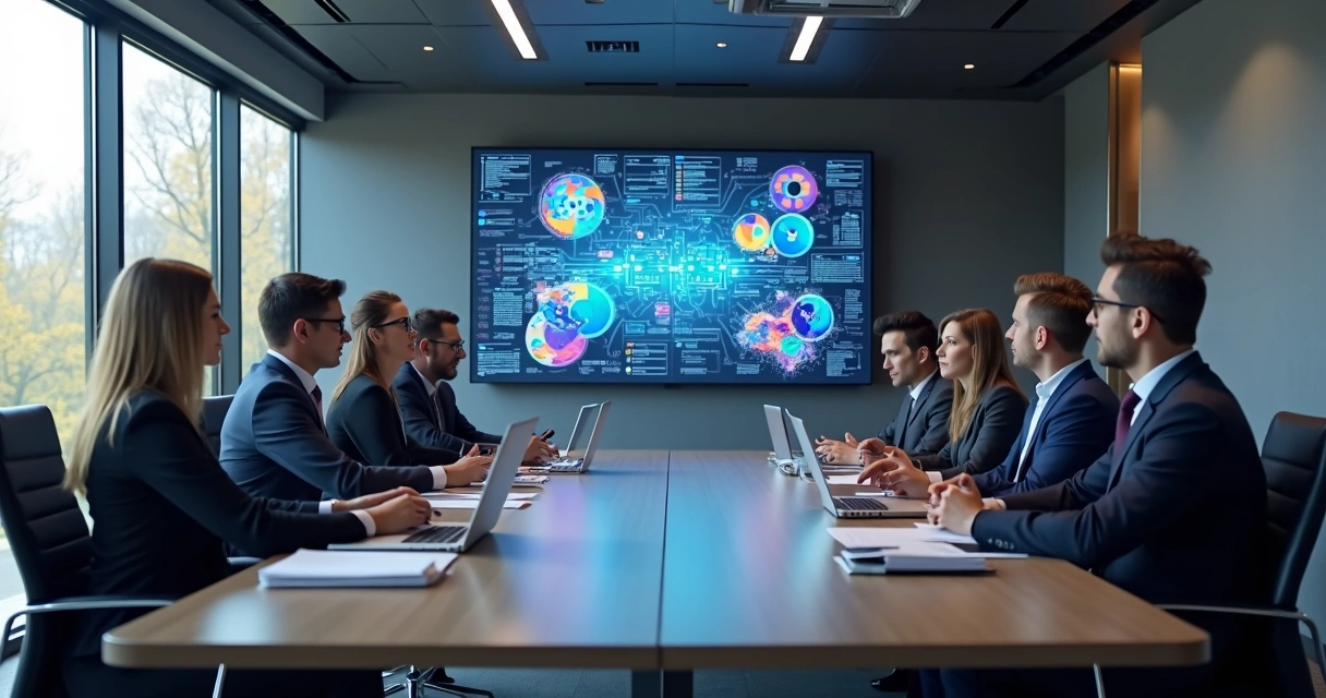 Profissionais discutindo a implementação de IA em uma sala de reunião com gráficos 